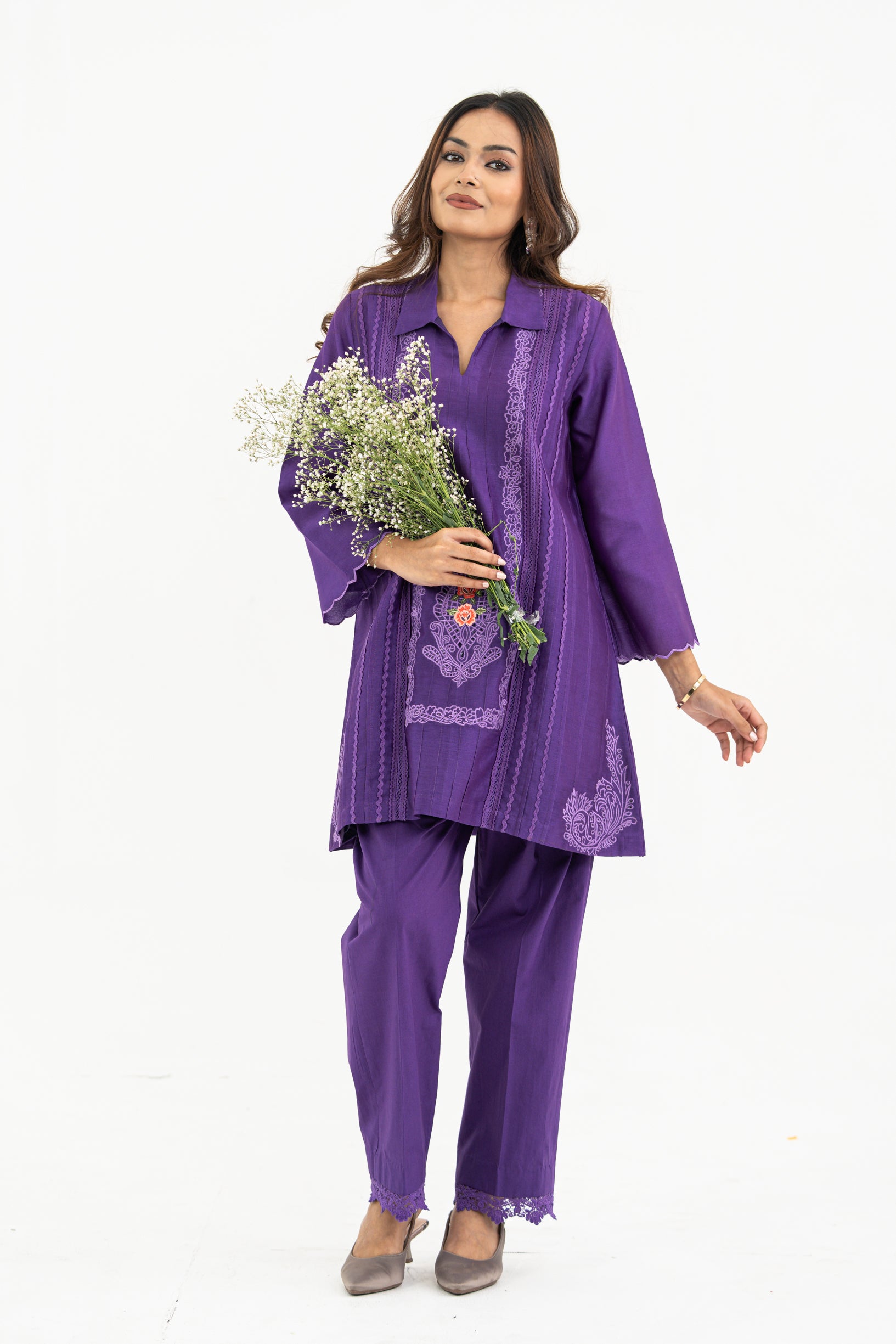 Dark Purple Chanderi Set with Lace