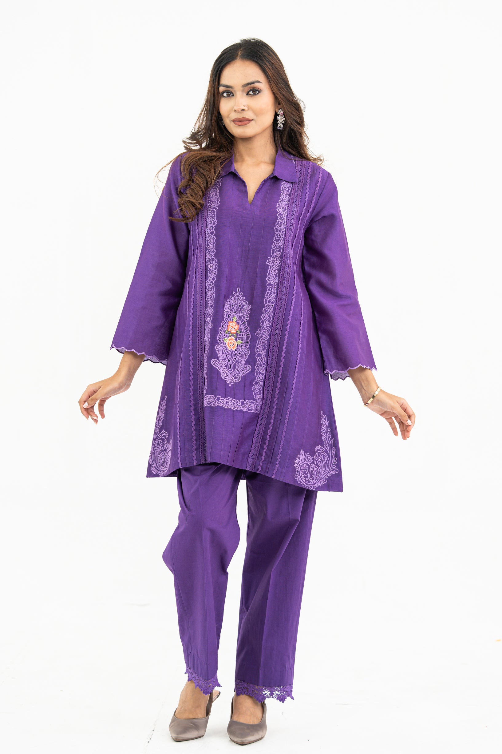 Dark Purple Chanderi Set with Lace