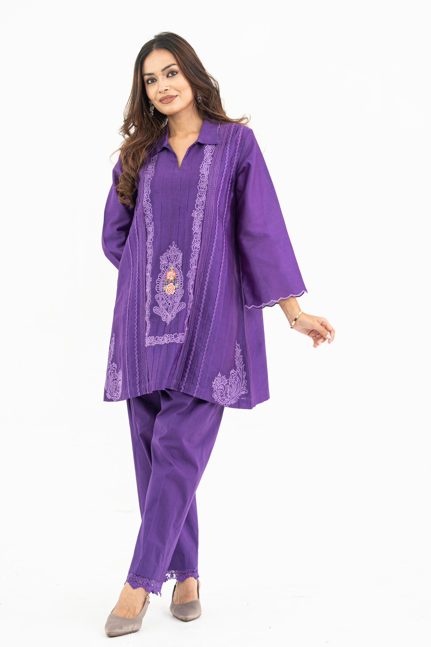 Dark Purple Chanderi Set with Lace