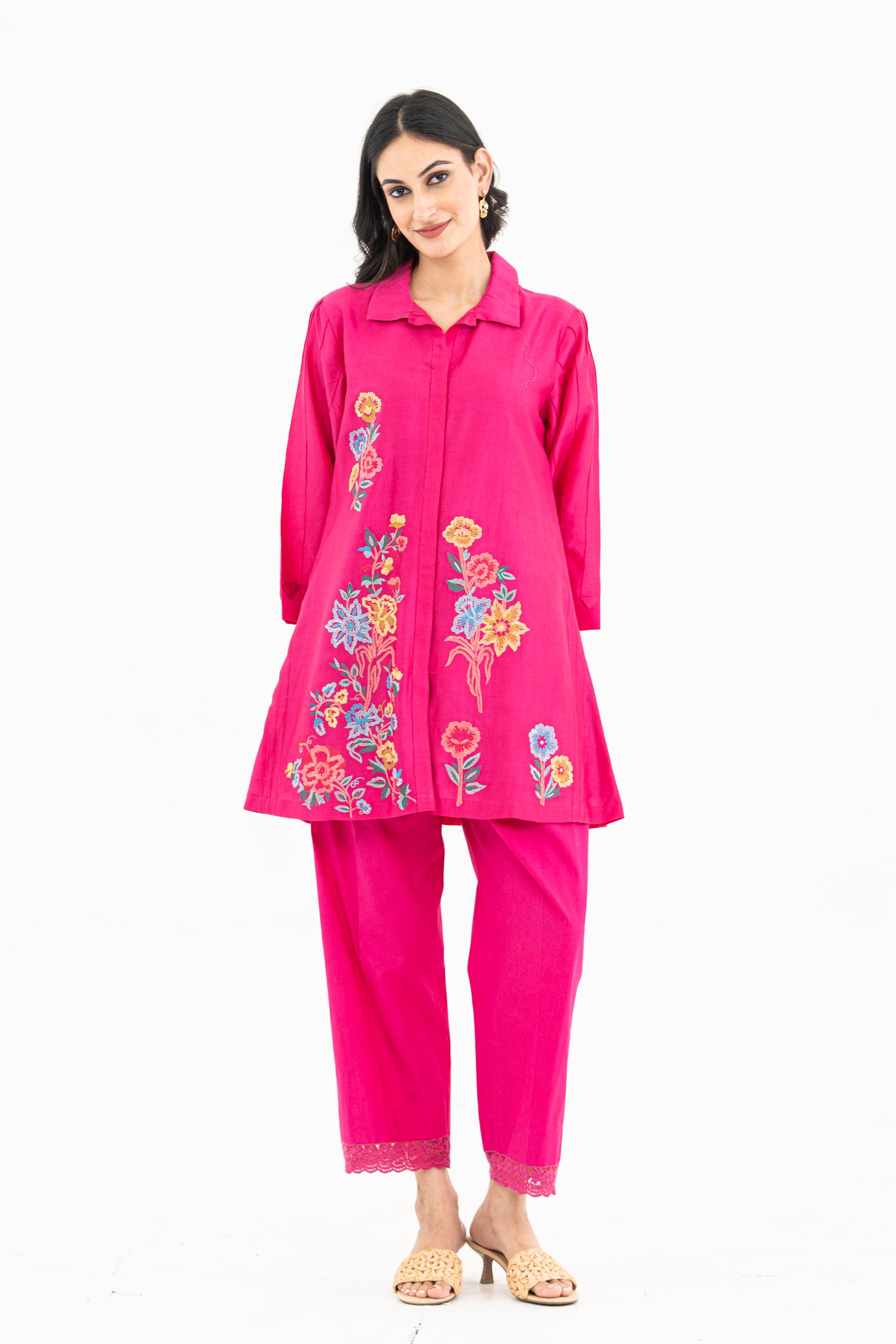 Indian Pink Embroidered Chanderi Set