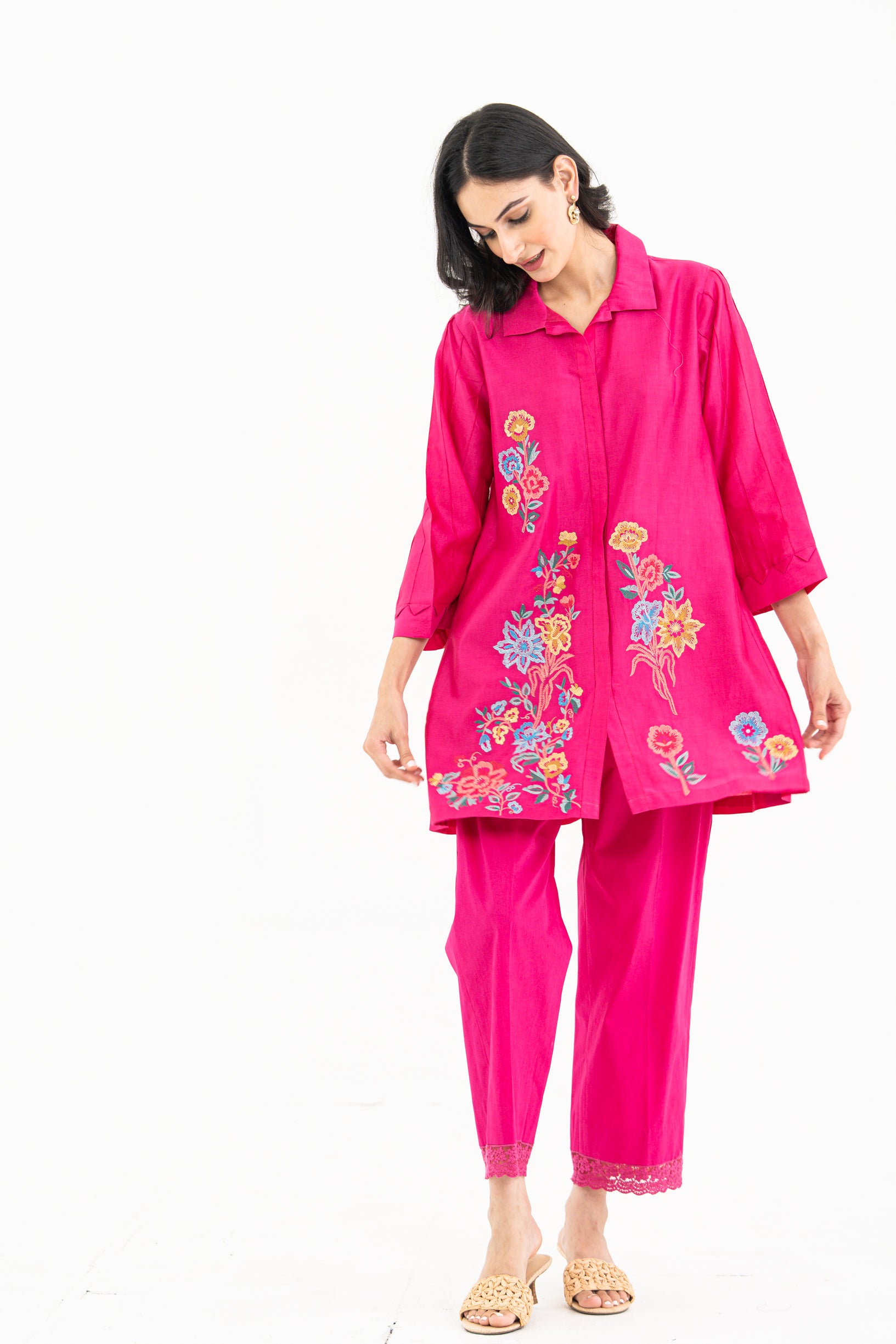 Indian Pink Embroidered Chanderi Set