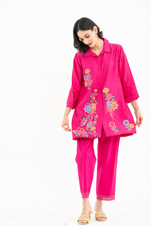 Indian Pink Embroidered Chanderi Set