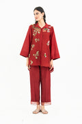 Maroon Embroidered Organza and Chanderi Set with Beads and 3D Patchwork