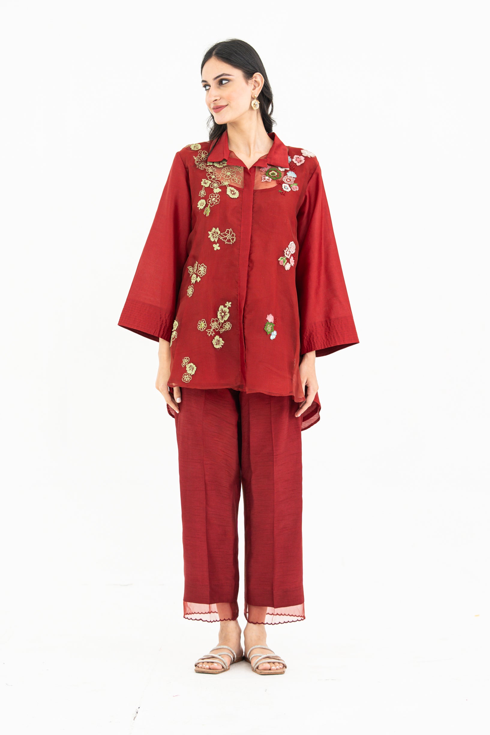 Maroon Embroidered Organza and Chanderi Set with Beads and 3D Patchwork