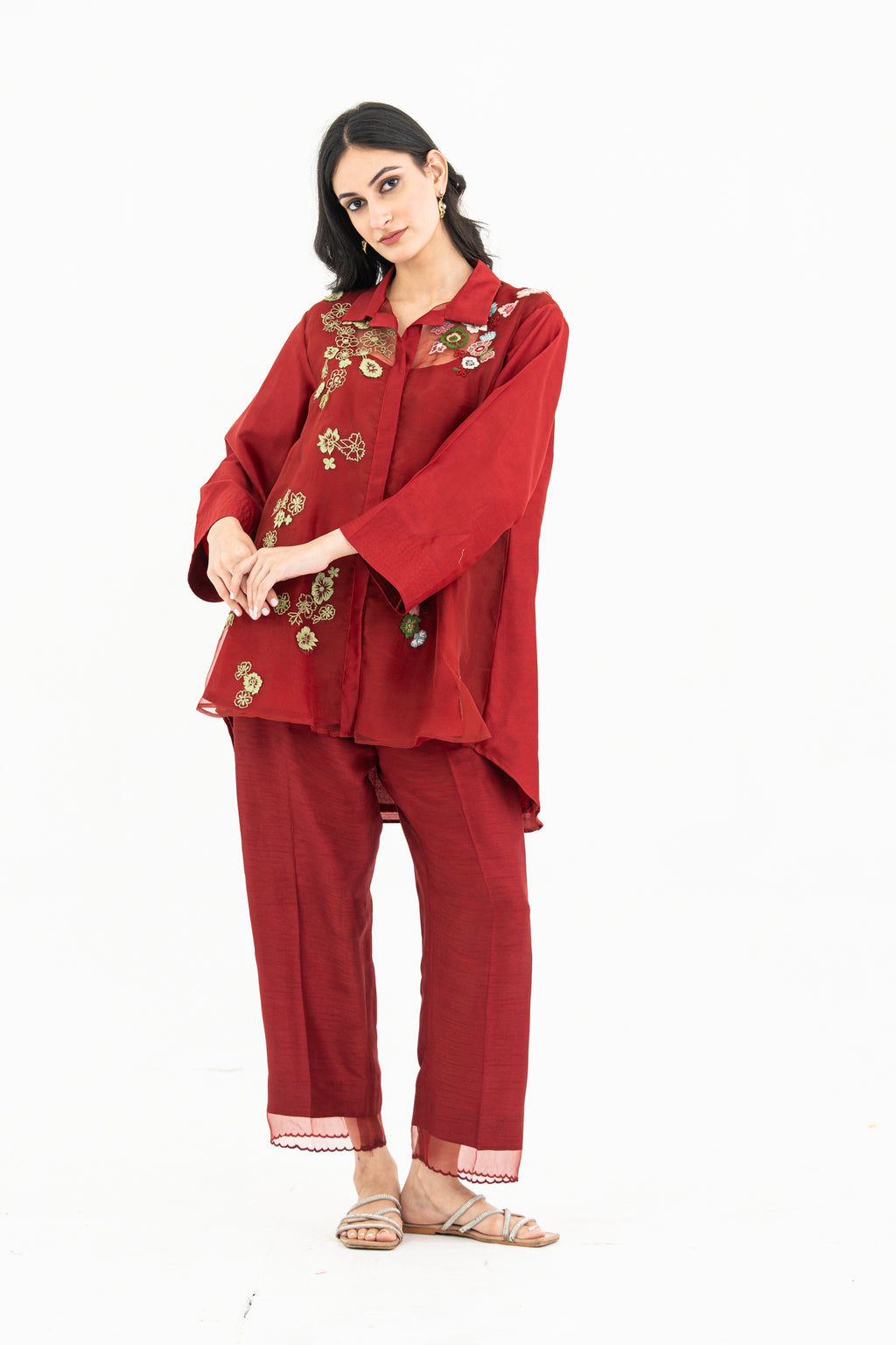 Maroon Embroidered Organza and Chanderi Set with Beads and 3D Patchwork