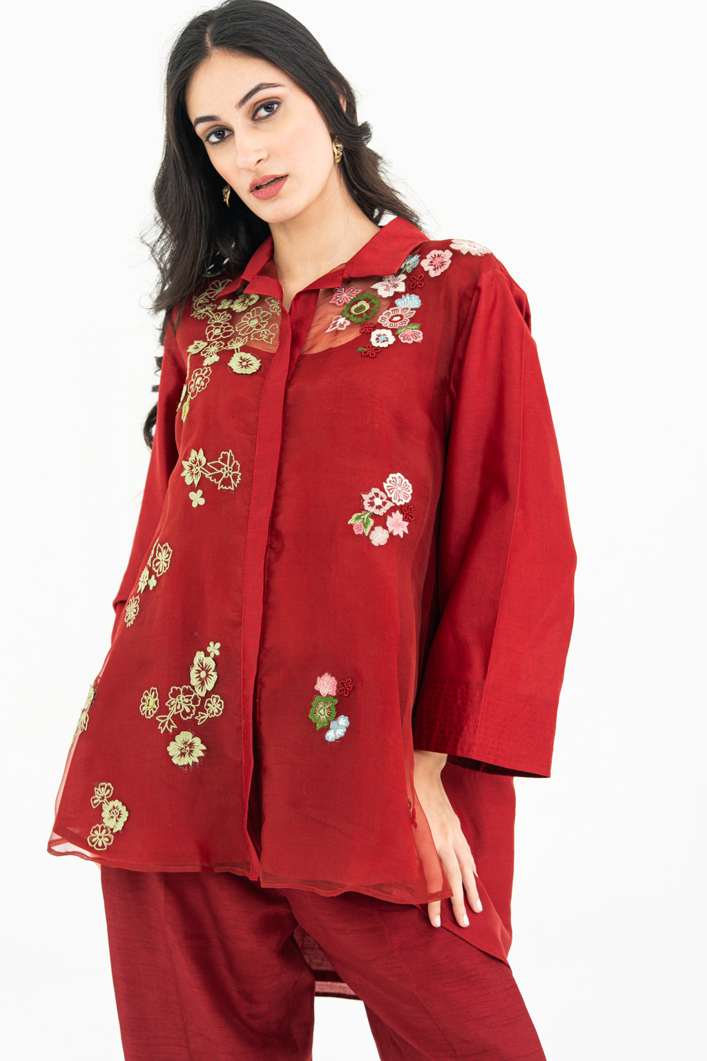 Maroon Embroidered Organza and Chanderi Set with Beads and 3D Patchwork