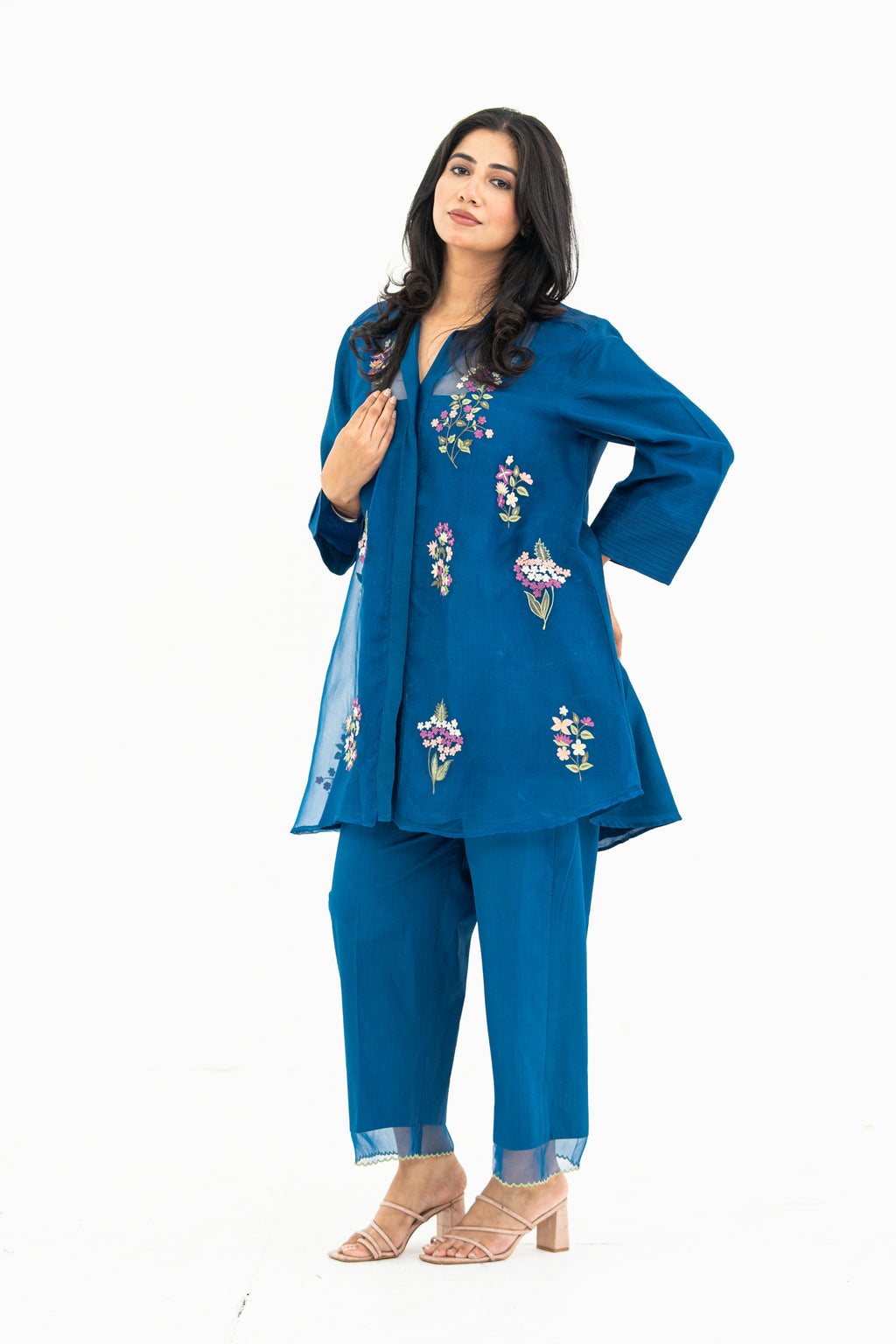 Royal Blue Embroidered Organza and Chanderi Set