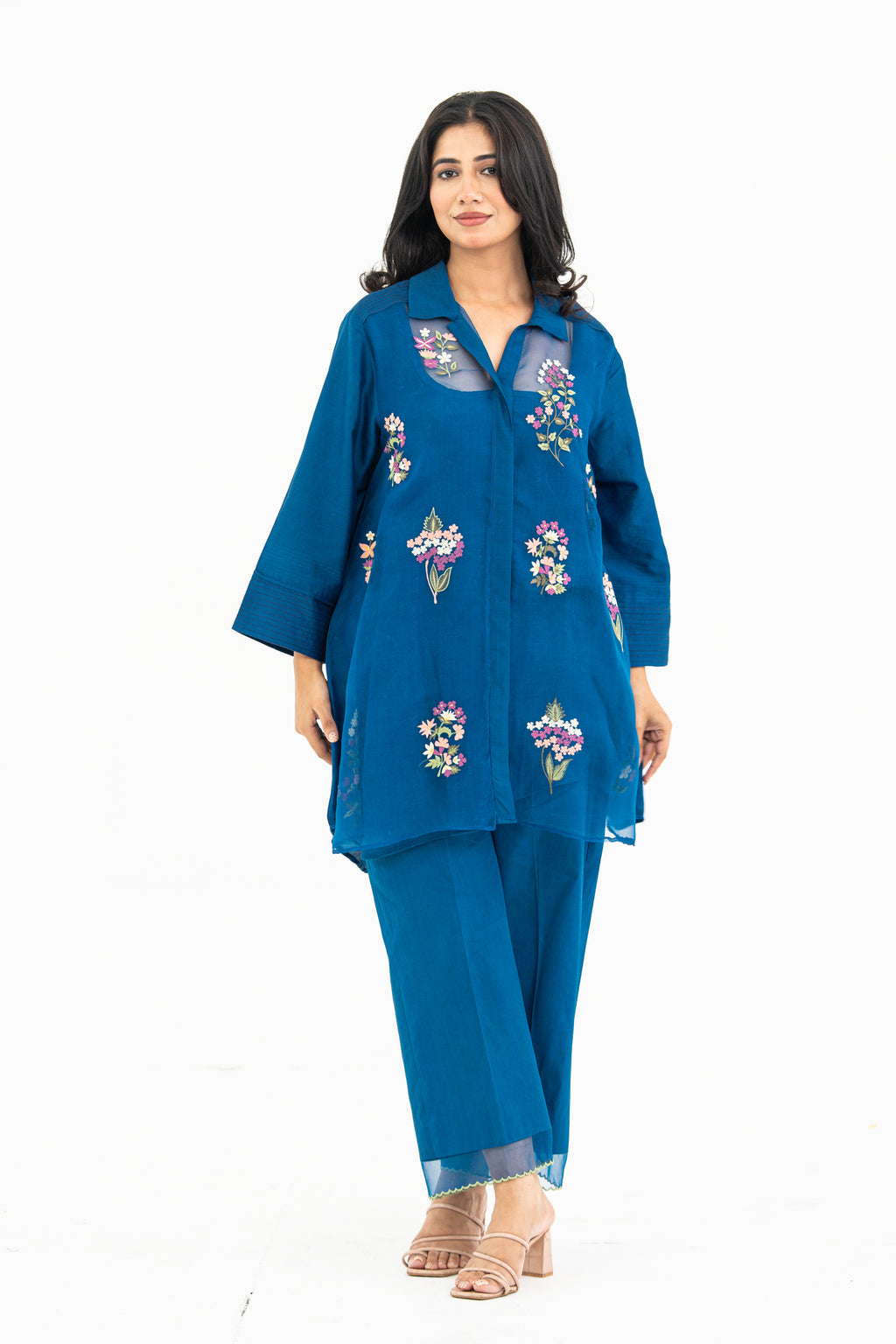 Royal Blue Embroidered Organza and Chanderi Set
