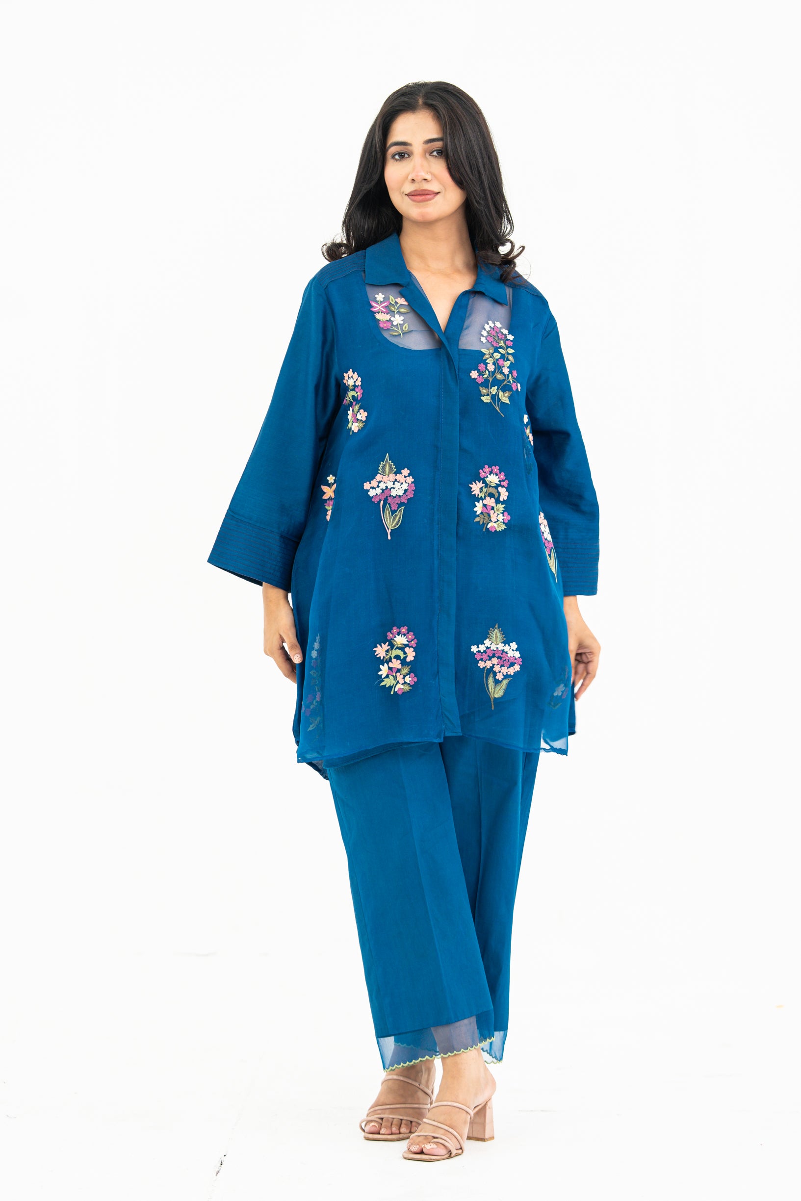Royal Blue Embroidered Organza and Chanderi Set