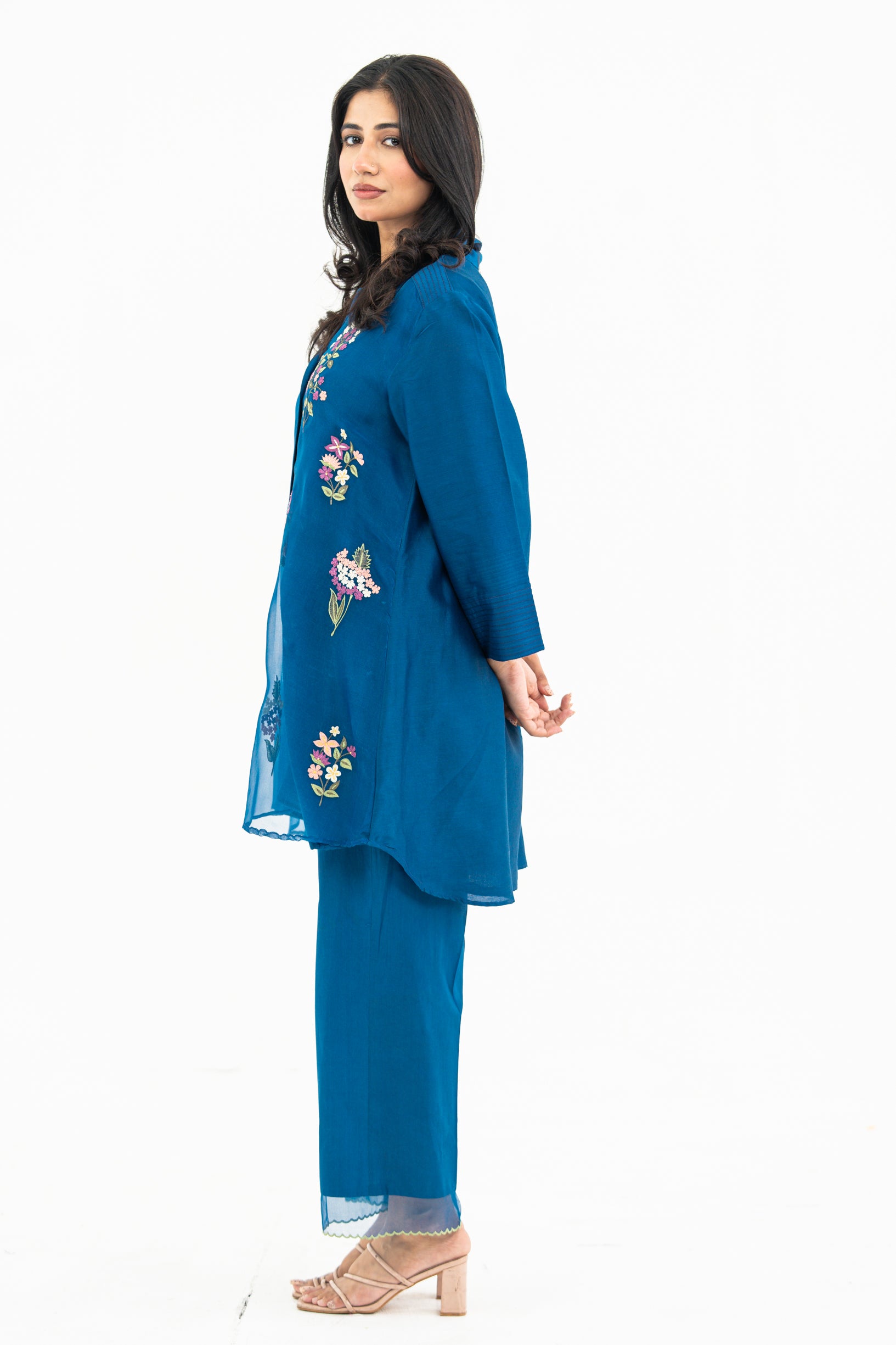 Royal Blue Embroidered Organza and Chanderi Set