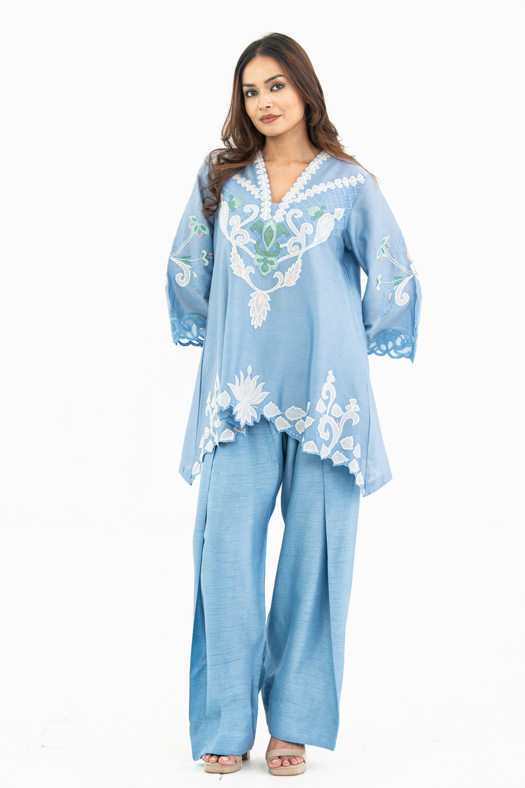 Light Blue Appliqué Set with Farzi pants