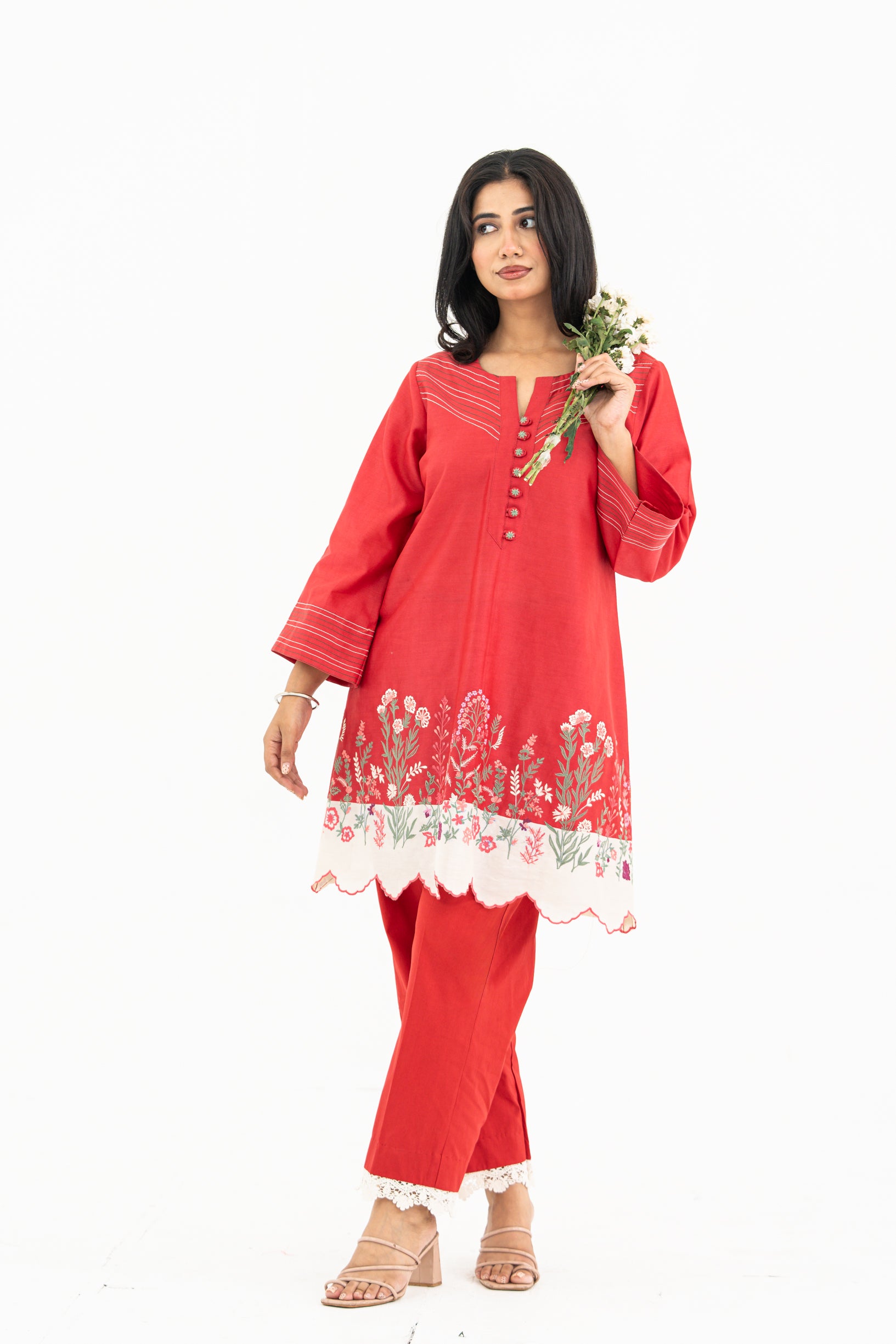 Red and White Chanderi Set