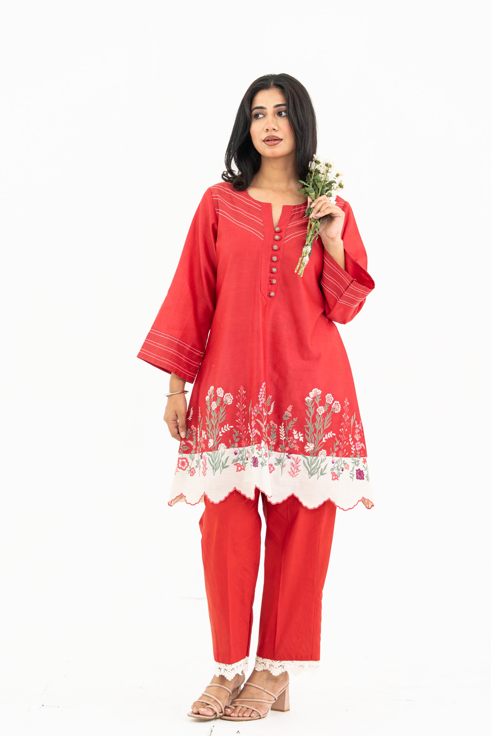 Red and White Chanderi Set