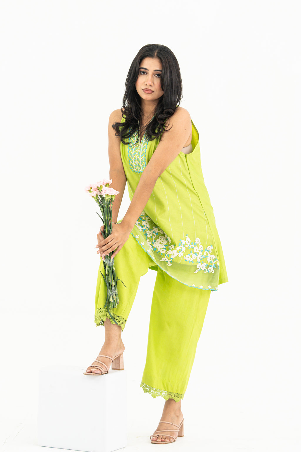 Lime Green Sleeveless Chanderi Set