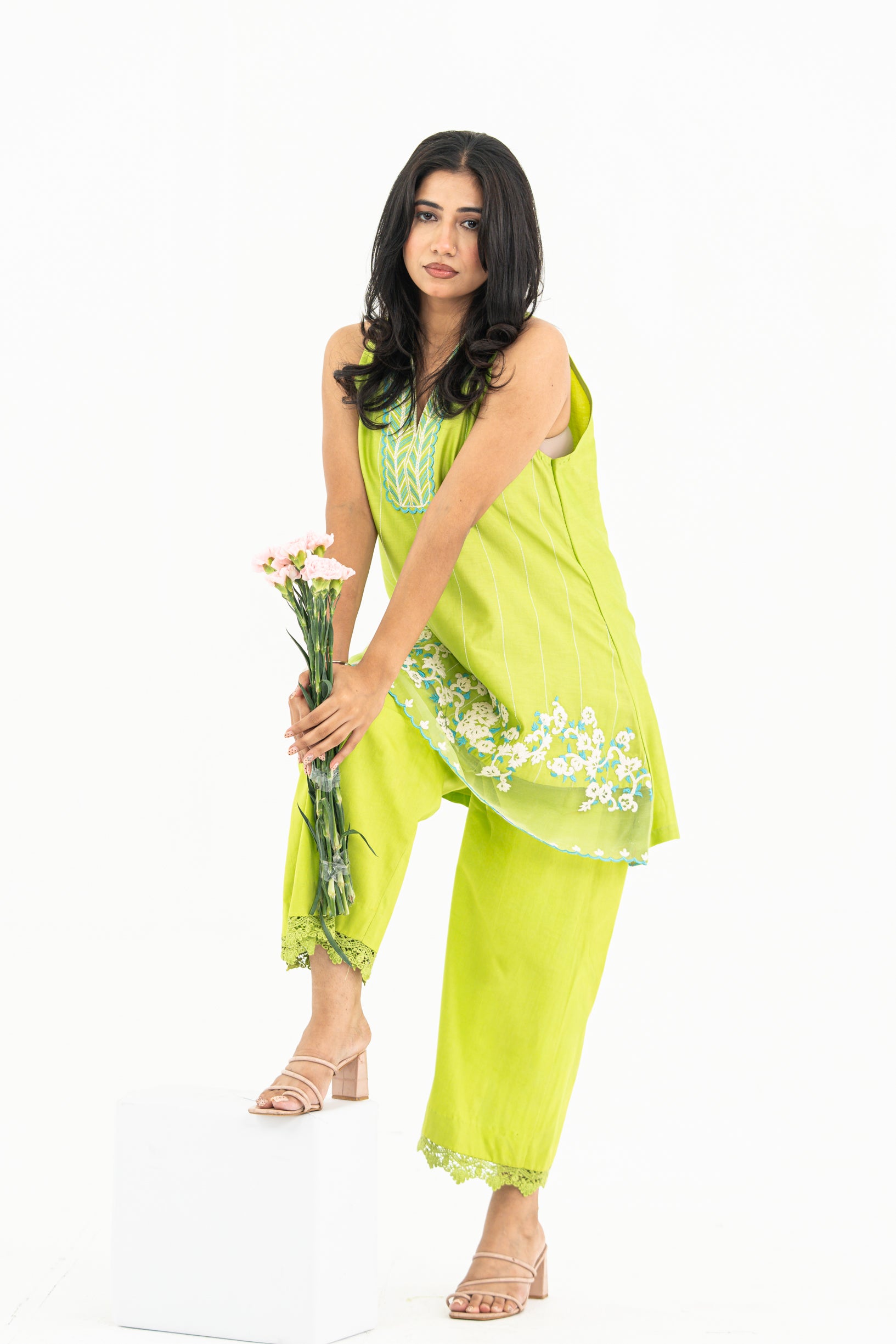 Lime Green Sleeveless Chanderi Set
