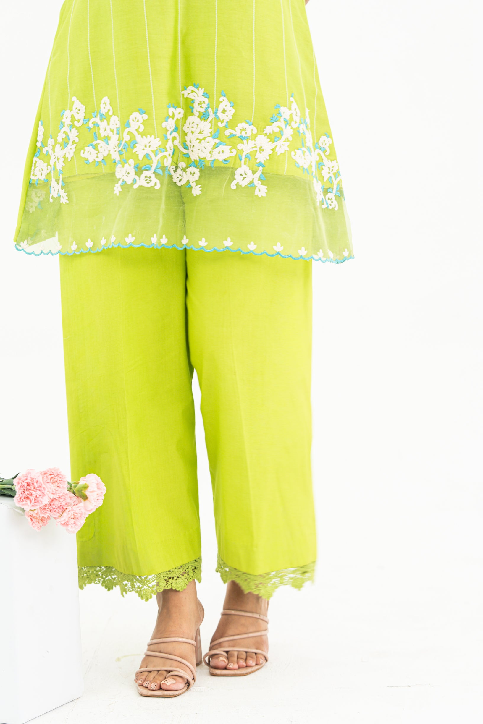 Lime Green Sleeveless Chanderi Set