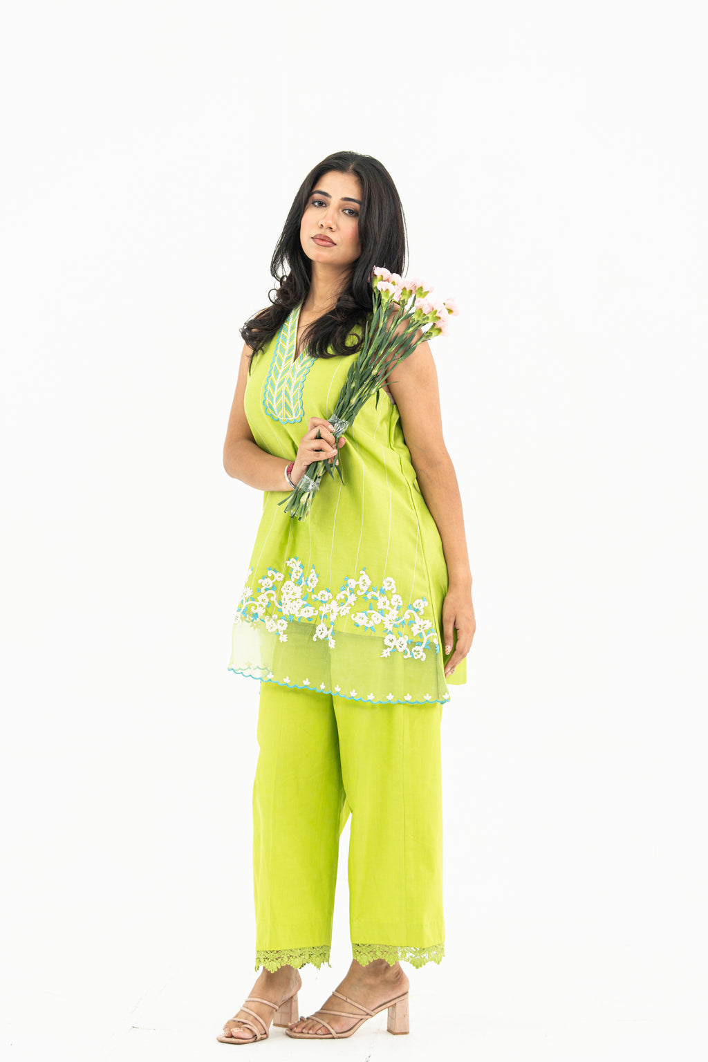 Lime Green Sleeveless Chanderi Set