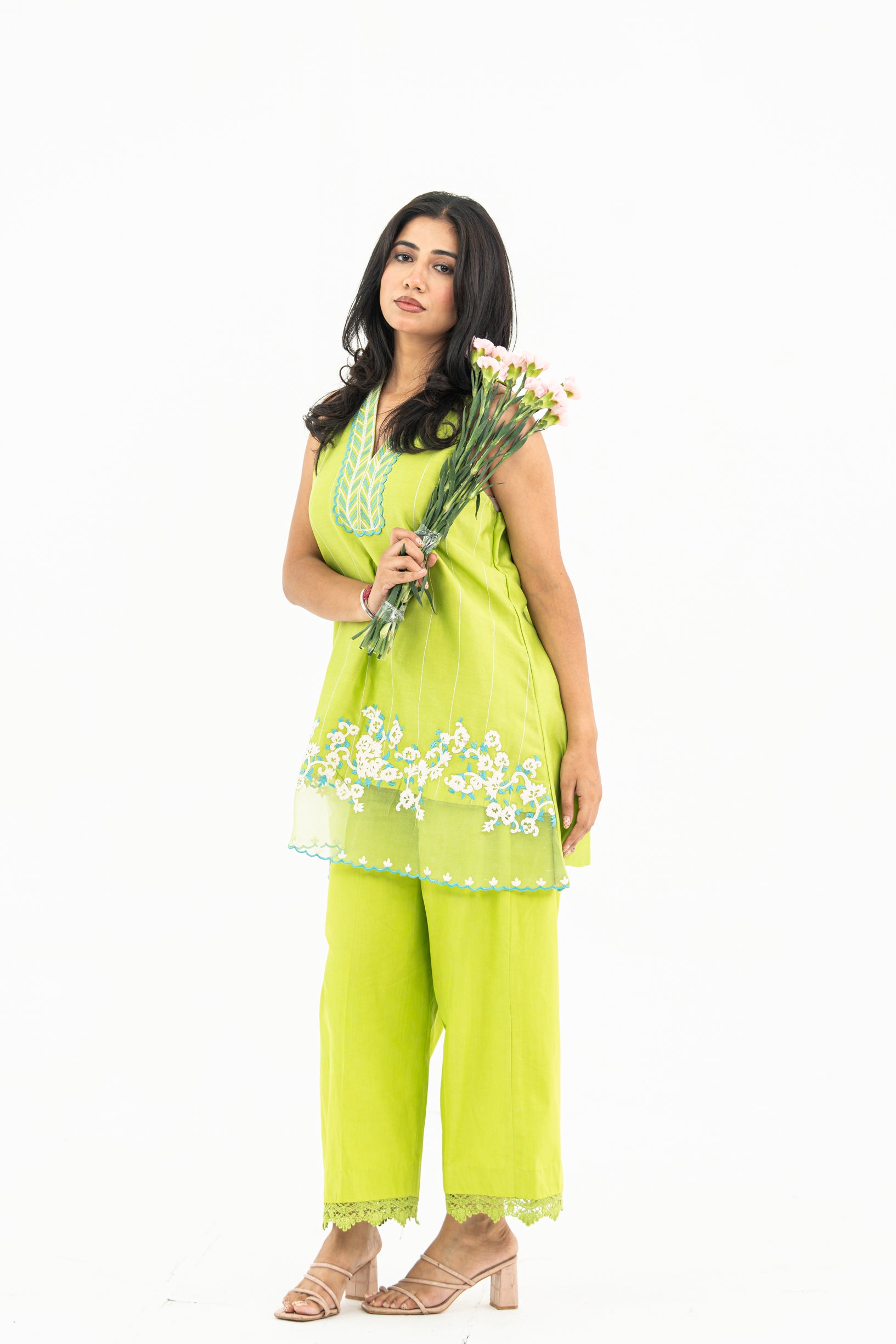 Lime Green Sleeveless Chanderi Set