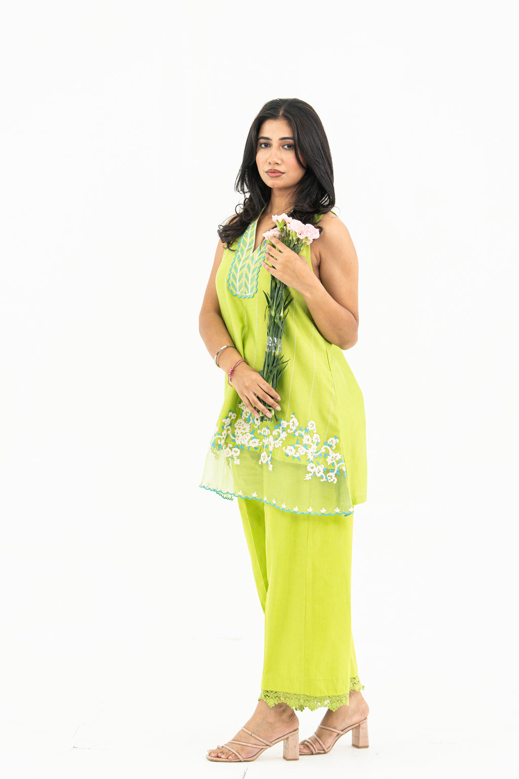 Lime Green Sleeveless Chanderi Set