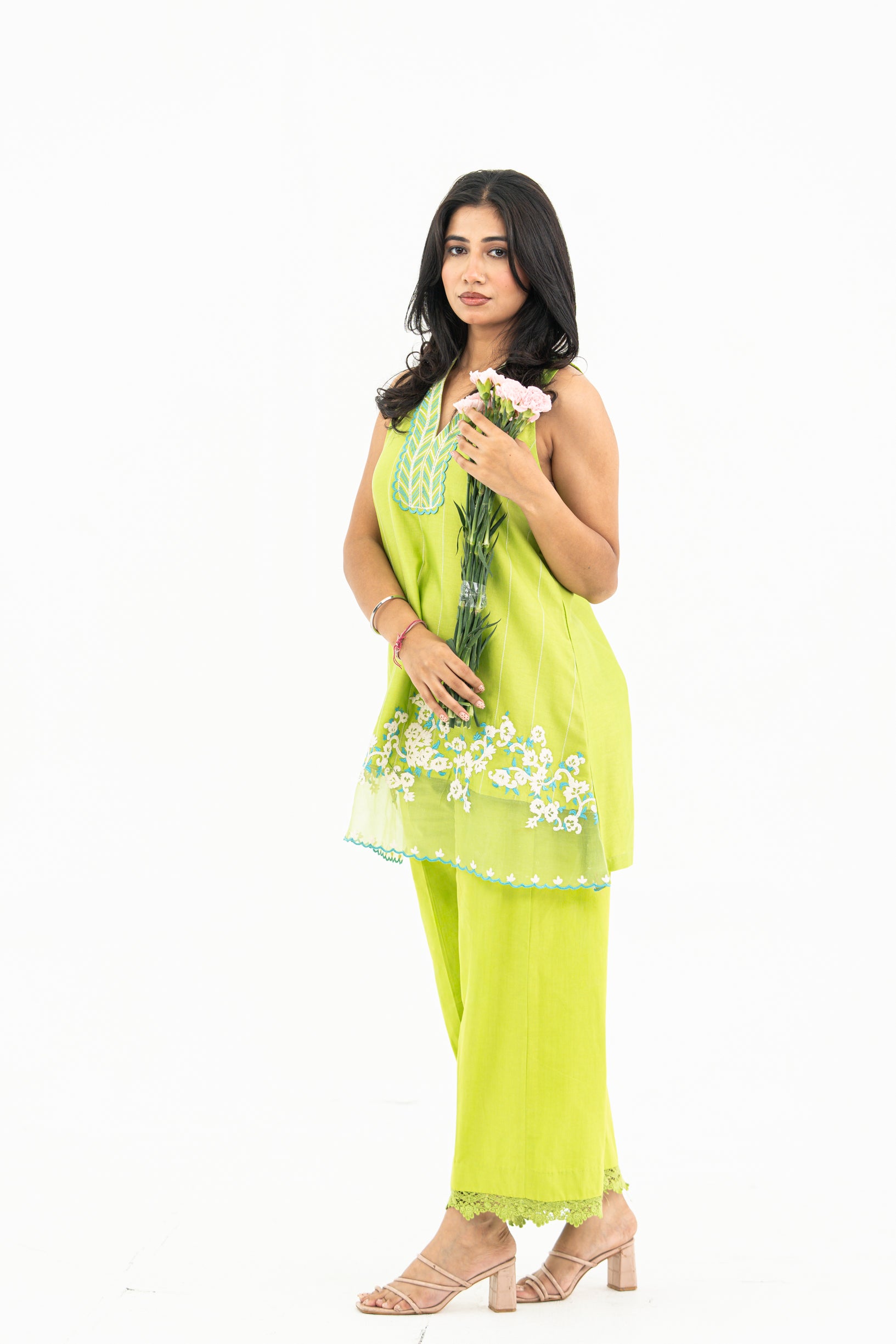 Lime Green Sleeveless Chanderi Set