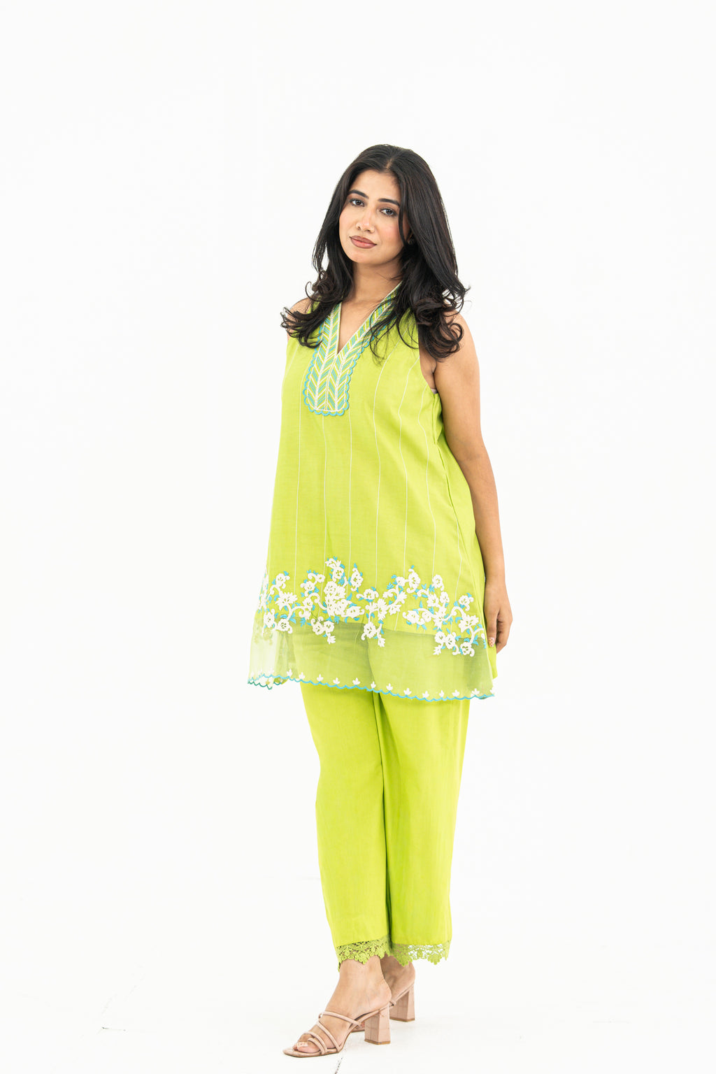 Lime Green Sleeveless Chanderi Set