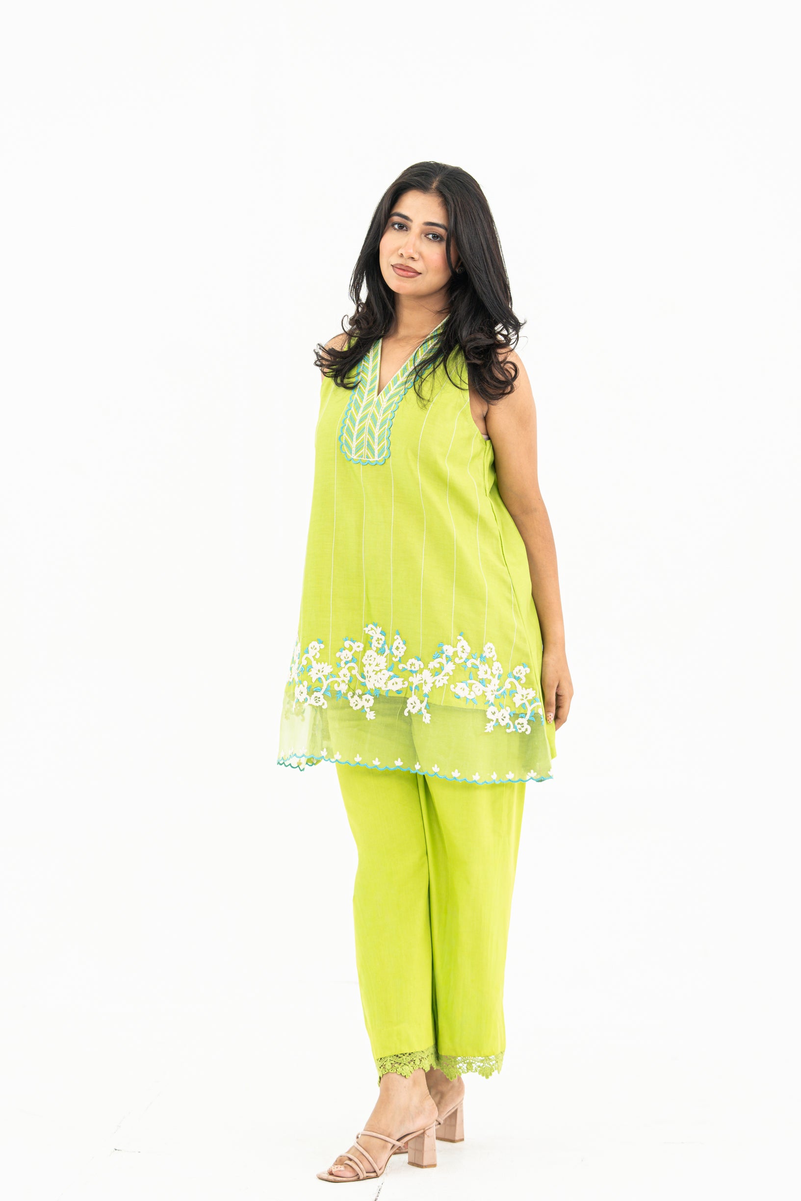 Lime Green Sleeveless Chanderi Set