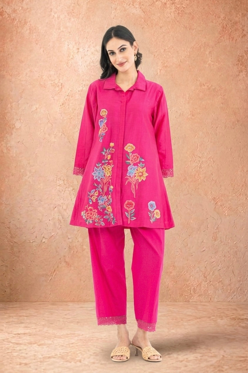 Indian Pink Embroidered Chanderi Set
