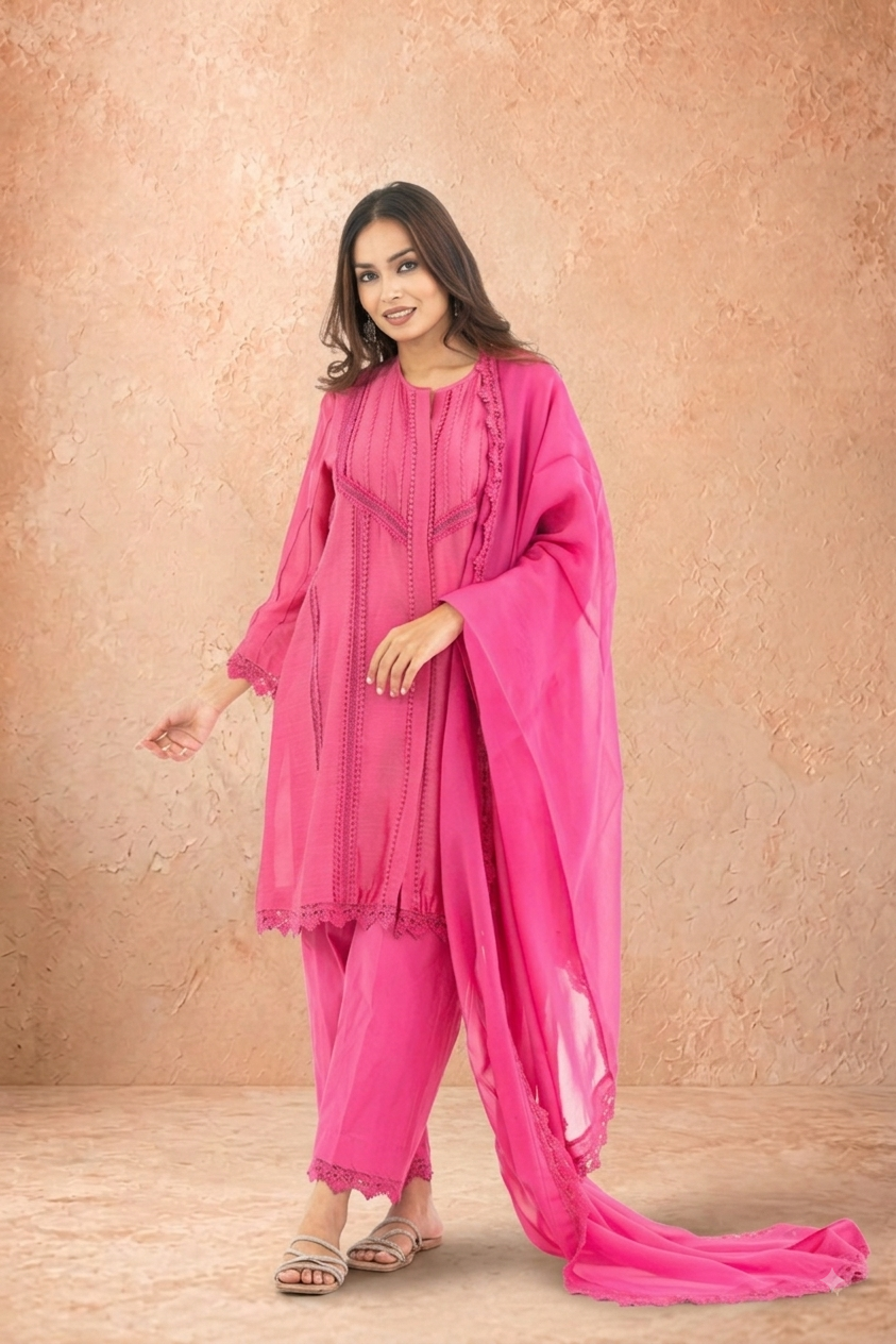 Indian Pink Lace Set with Dupatta