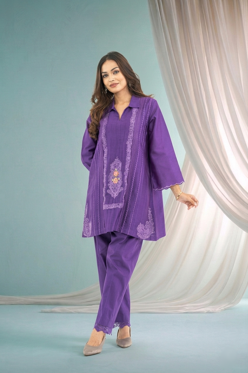 Dark Purple Chanderi Set with Lace