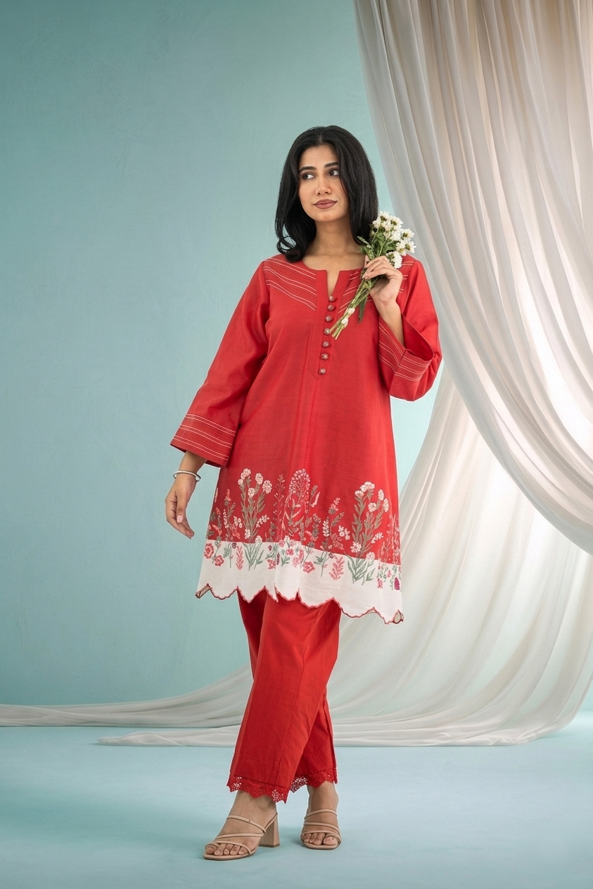 Red and White Chanderi Set