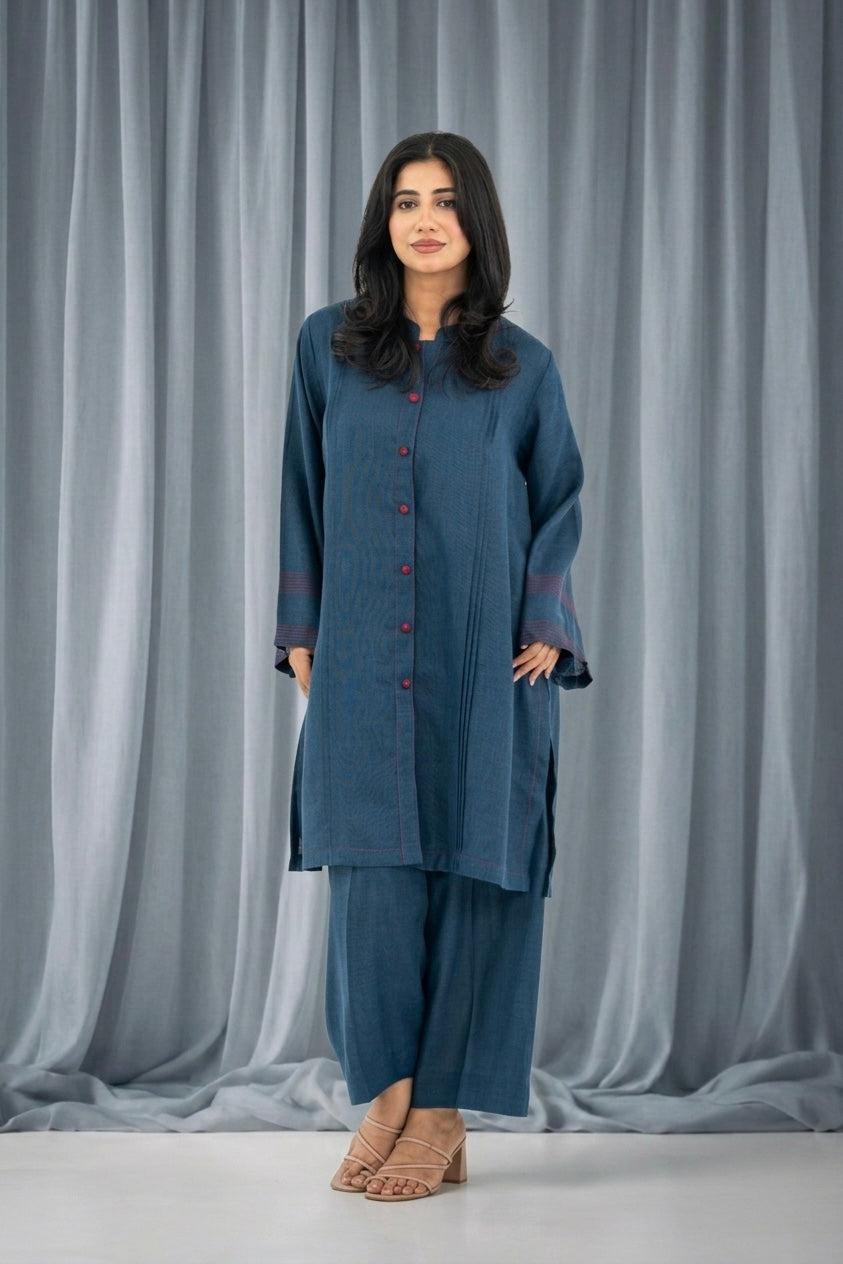 Dark Blue Front Open Linen Set