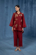 Maroon Embroidered Organza and Chanderi Set with Beads and 3D Patchwork