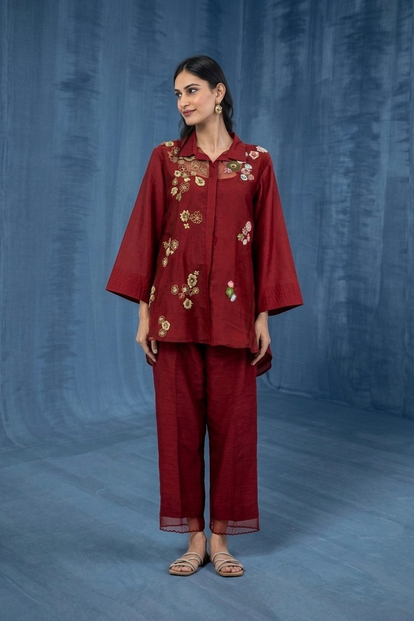 Maroon Embroidered Organza and Chanderi Set with Beads and 3D Patchwork