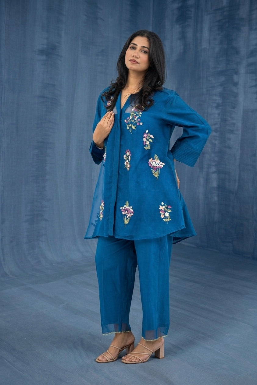 Royal Blue Embroidered Organza and Chanderi Set